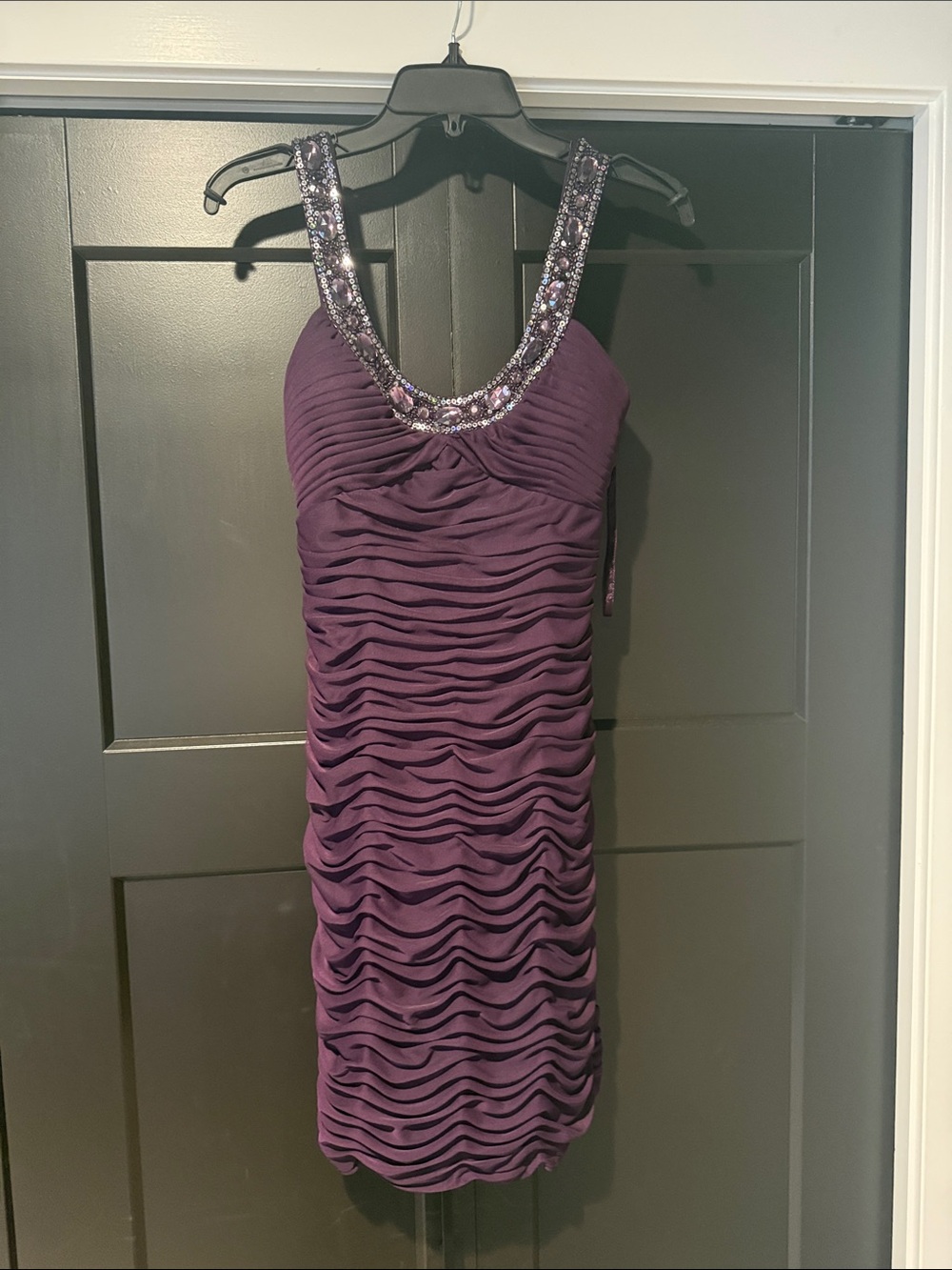 Cache Purple Ruched Sequin-Trim Mini Dress